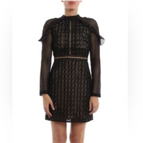 Self-Portrait Black Mesh/Tonal Lace Ruffle Long Sleeve Sheath Mini Dress Size 4 - Picture 1 of 16